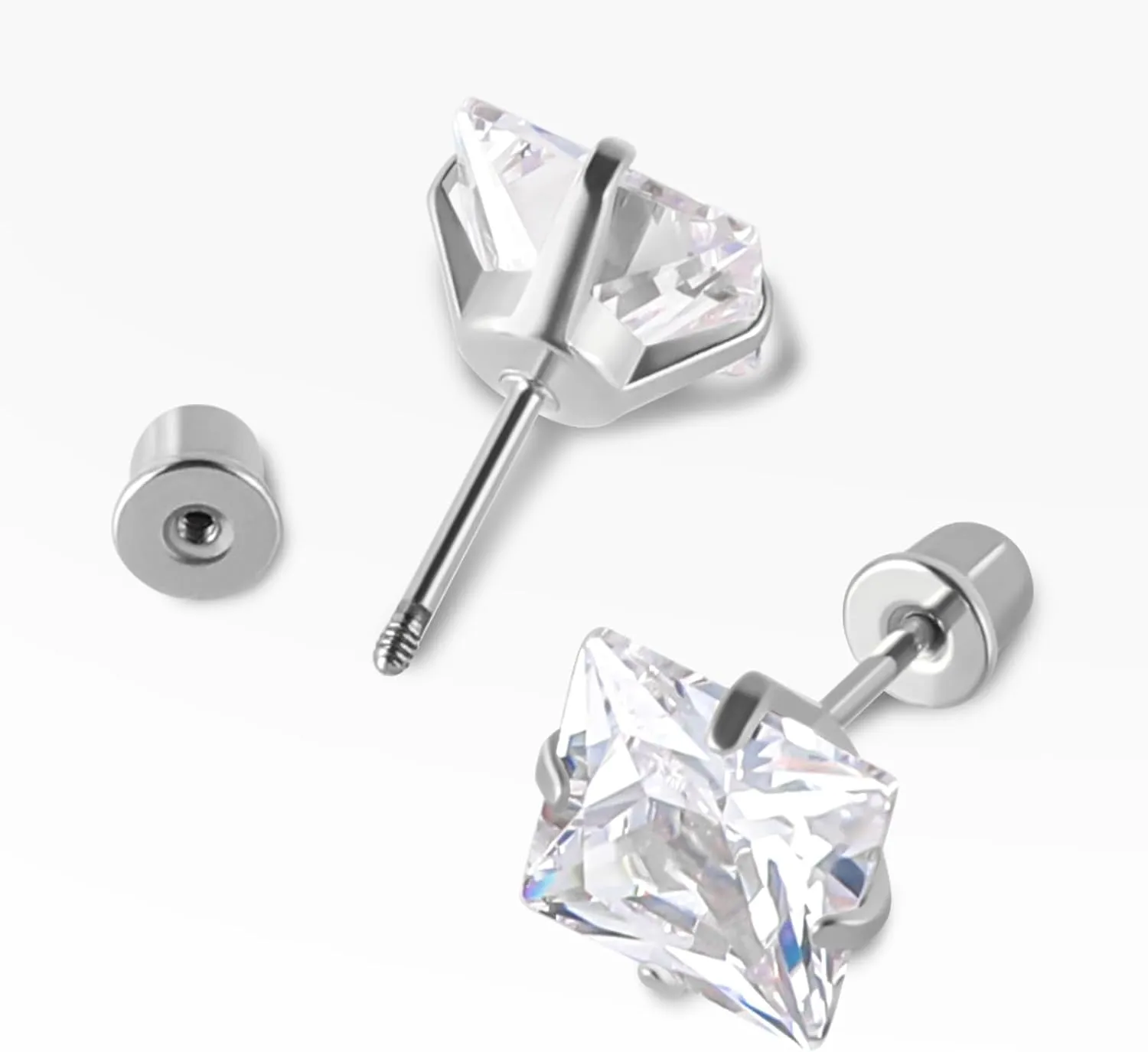 6 Pairs Surgical Stainless Steel Screw back Stud Earrings, 18K Gold Plated Heart Star Square Princess Cut Round Cubic Zirconia CZ Stud Earrings Set