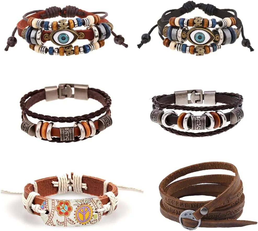 6 pcs Men Women Braided Leather Bracelets Set Handmade Wrap Woven Cuff Bracelets Wooden Hemp Cords Wood Beads Ethnic Tribal Bracelets Adjustable Leather Wristbands