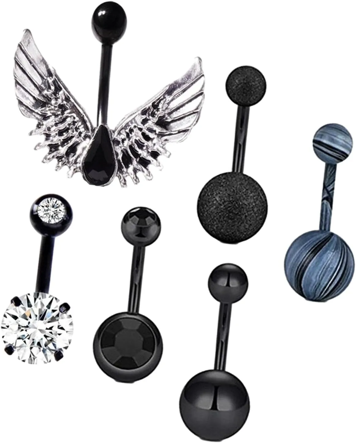 6 Pieces Belly Button Rings Belly Piercing Jewelry for Women 1.6mm Trendy 10mm Short Wing Curved Navel Barbell Navel Bars