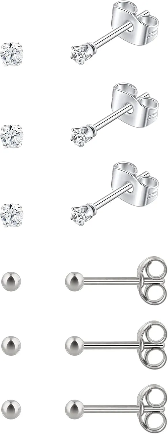 6Pairs 2mm/3mm Surgical Steel Hypoallergenic Piercing Studs, 20G 14K Real Gold Filled Tiny Stud Earrings Set for Multiple Hole Piercing (Cubic Zirconia, Pearl, Ball)