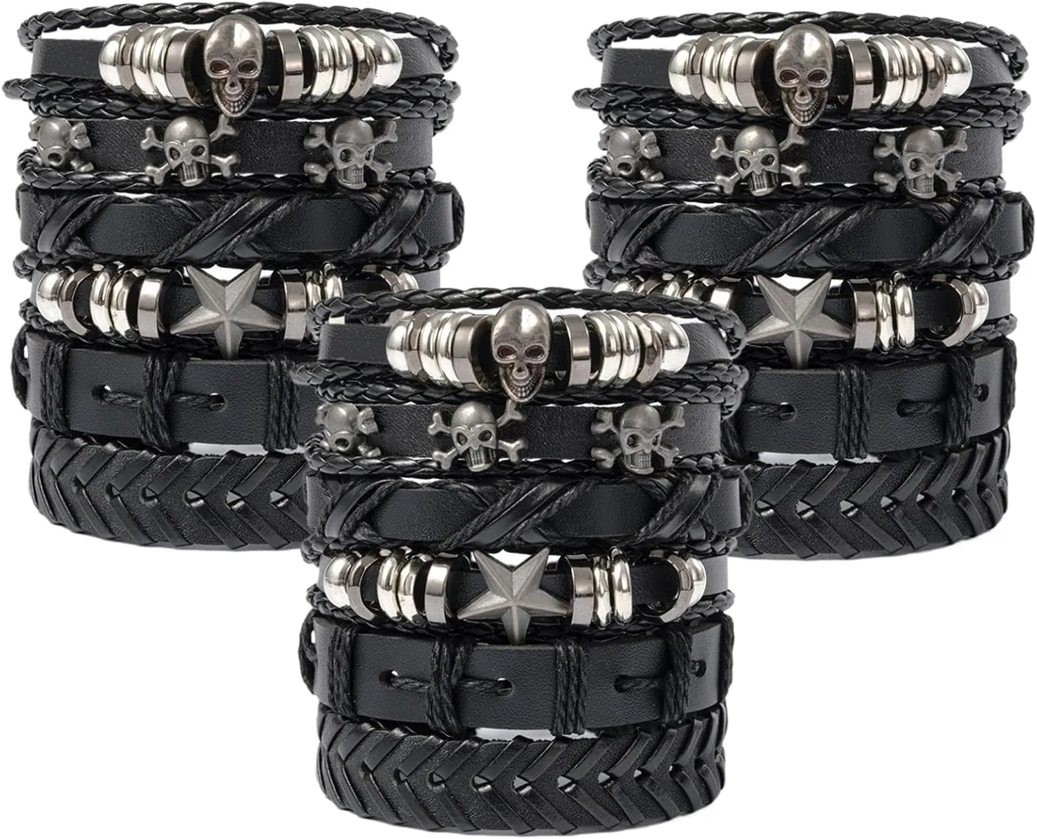 6Pcs/Set Black Leather Bracelet Adjustable Braided Soft Elastic Goth Bracelets Rock Punk Halloween Skull Bracelet for Men Women Gift