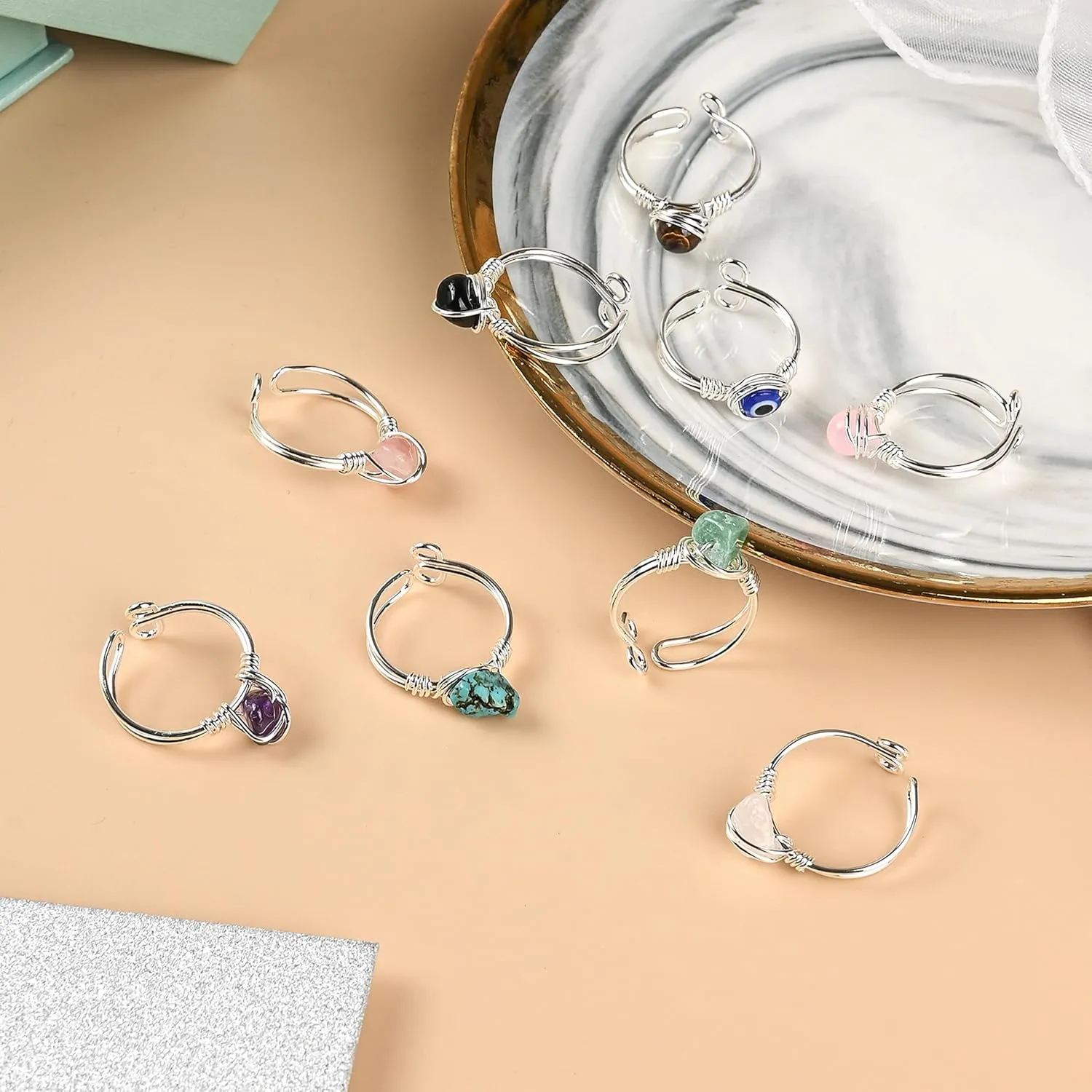 9 PCS Healing Crystal Ring, Adjustable Wire Wrapped Rings Irregular Gemstone Rings Set for Women