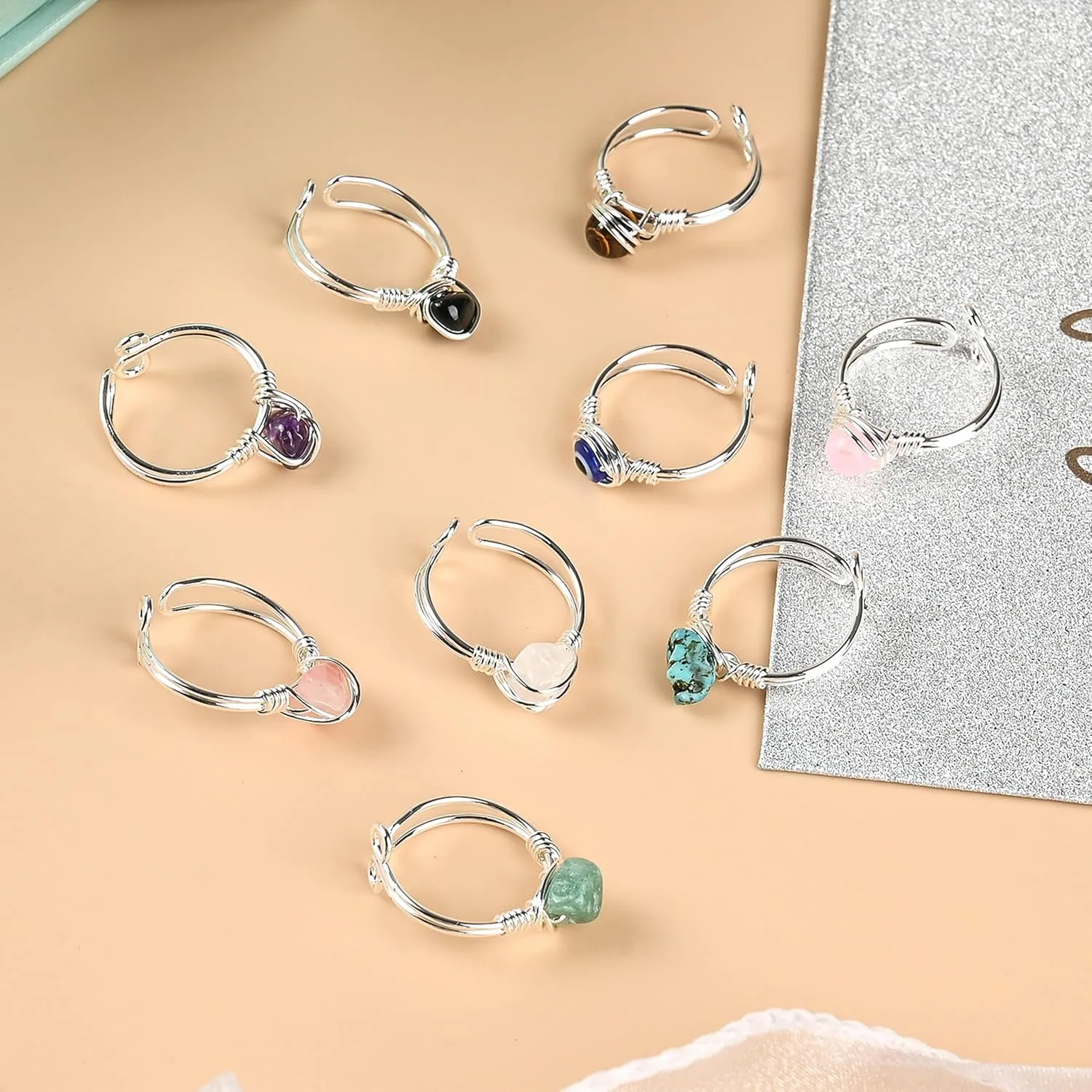 9 PCS Healing Crystal Ring, Adjustable Wire Wrapped Rings Irregular Gemstone Rings Set for Women