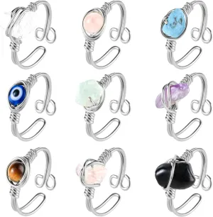 9 PCS Healing Crystal Ring, Adjustable Wire Wrapped Rings Irregular Gemstone Rings Set for Women