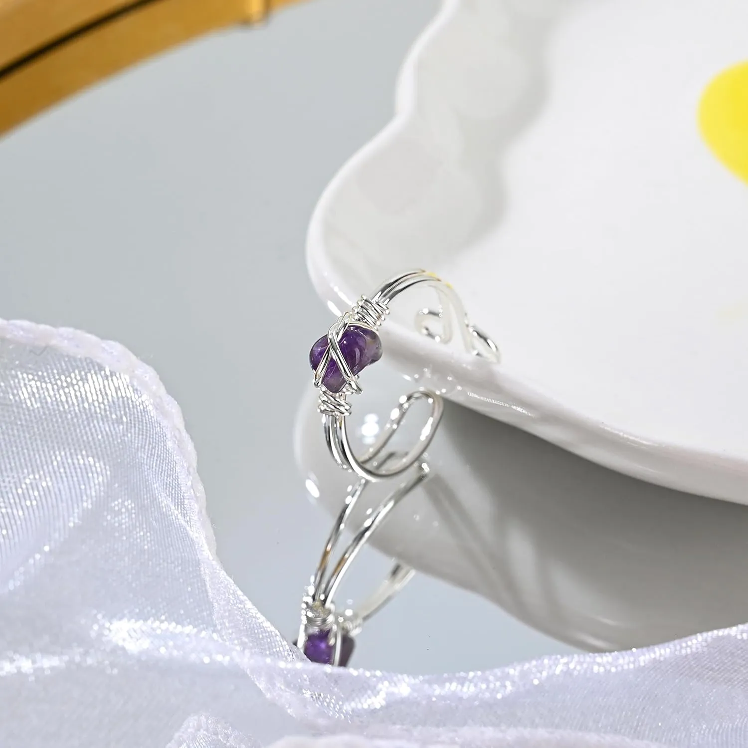 9 PCS Healing Crystal Ring, Adjustable Wire Wrapped Rings Irregular Gemstone Rings Set for Women