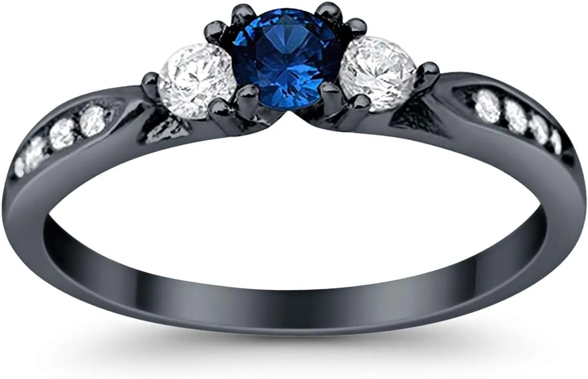 925 Sterling Silver Black Tone Rhodium Plated Ring, Round Simulated Blue Sapphire with Clear CZ Accent