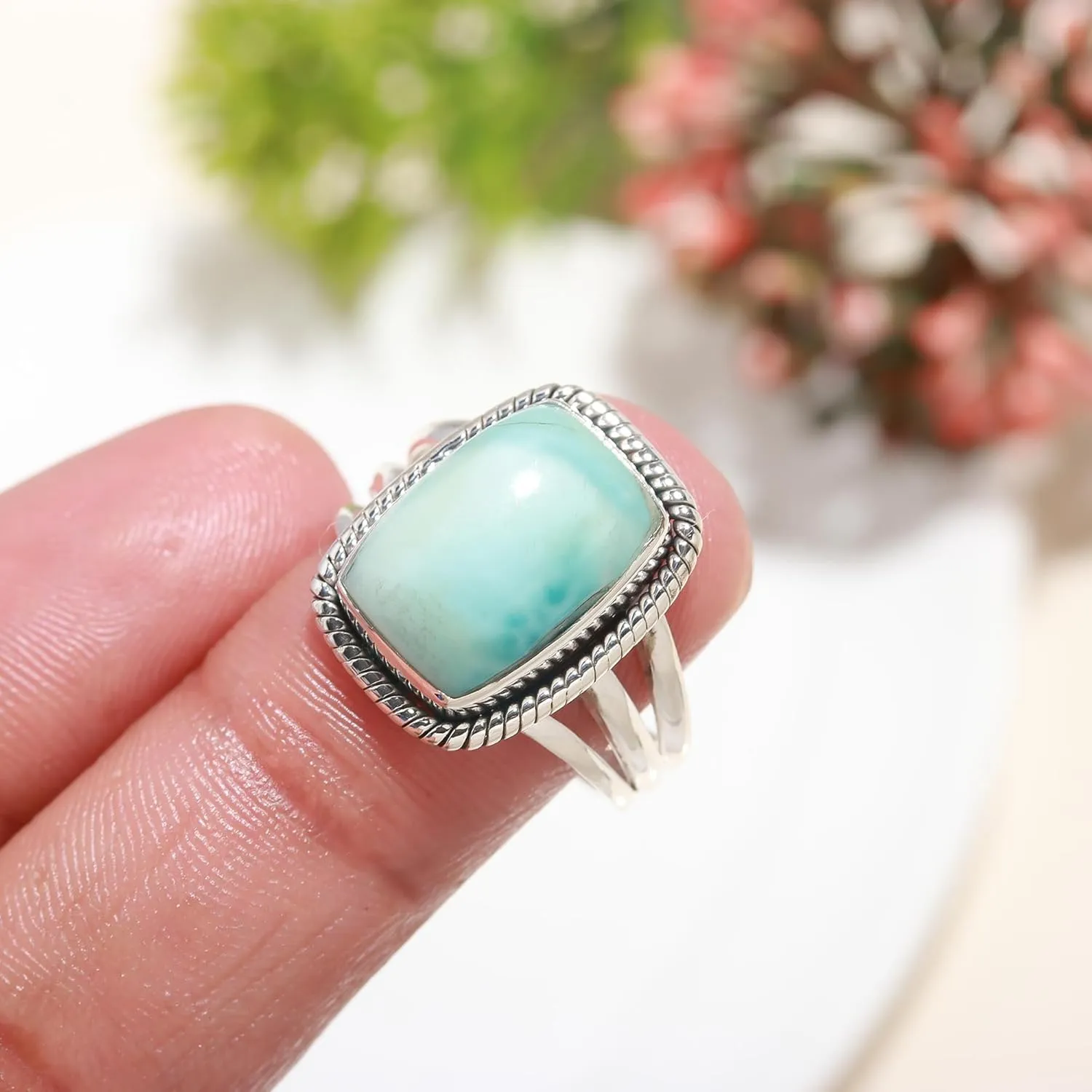 925 Sterling Silver Larimar Ring - Adjustable, Handmade Ring for Women