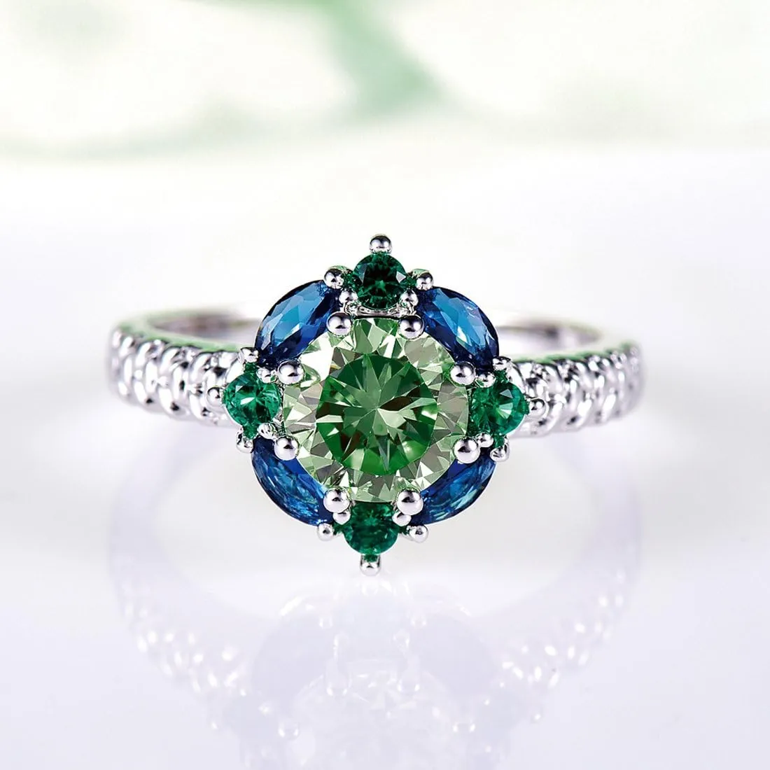 925 Sterling Silver Plated Green Amethyst Ring Flower Shaped Band