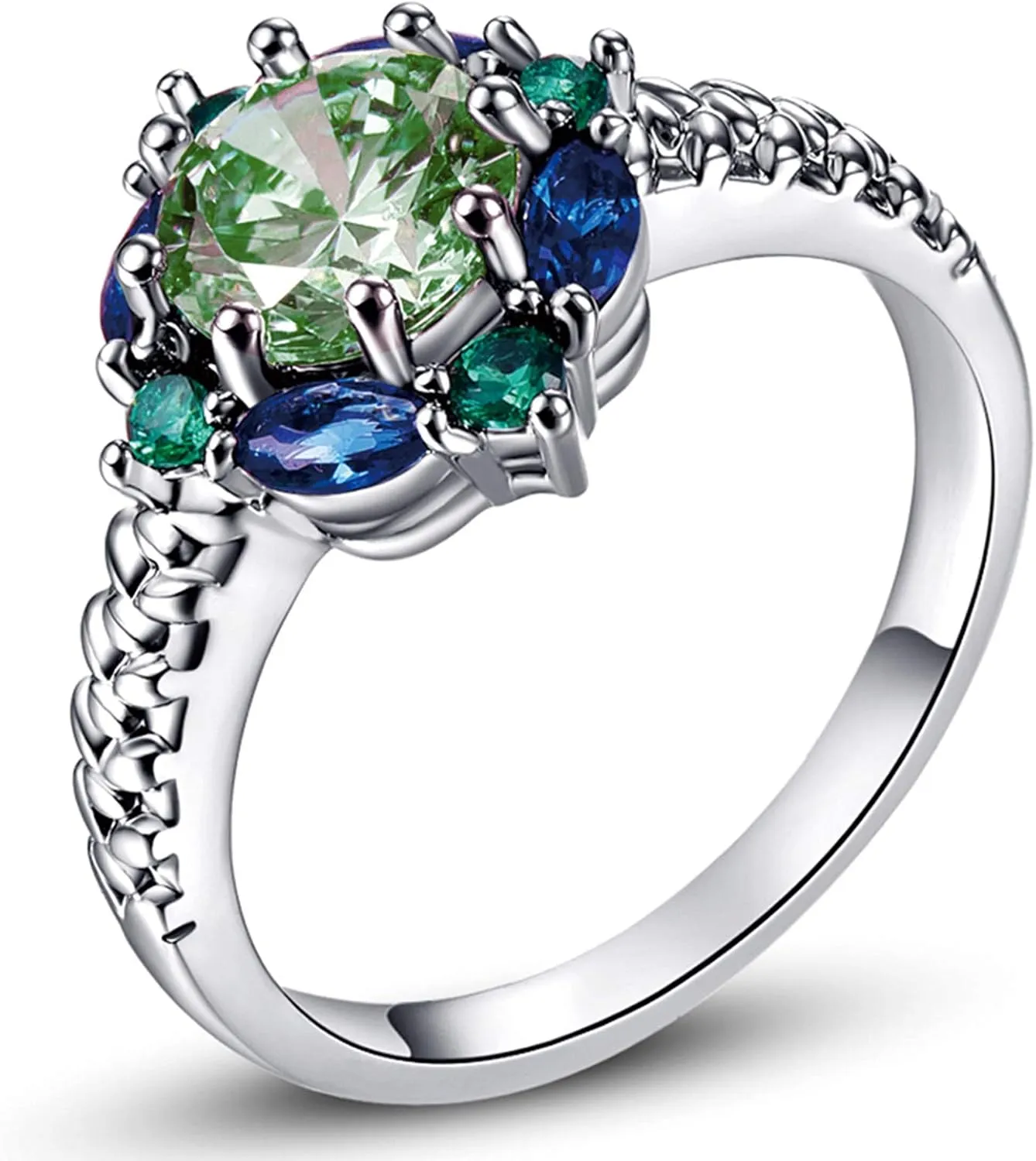 925 Sterling Silver Plated Green Amethyst Ring Flower Shaped Band