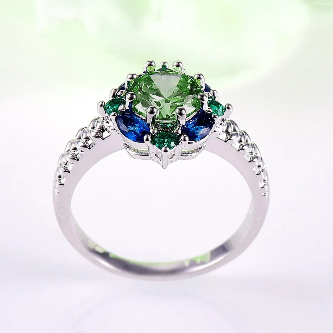925 Sterling Silver Plated Green Amethyst Ring Flower Shaped Band