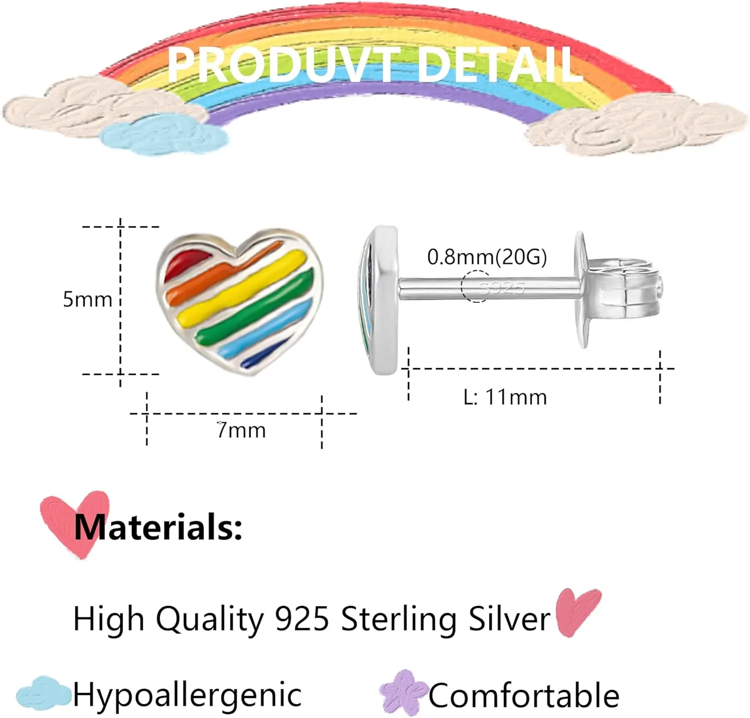 925 Sterling Silver Rainbow Earrings for Women Pride Earrings Studs Rainbow Stud Earrings for Women Tiny Heart Earrings for Women