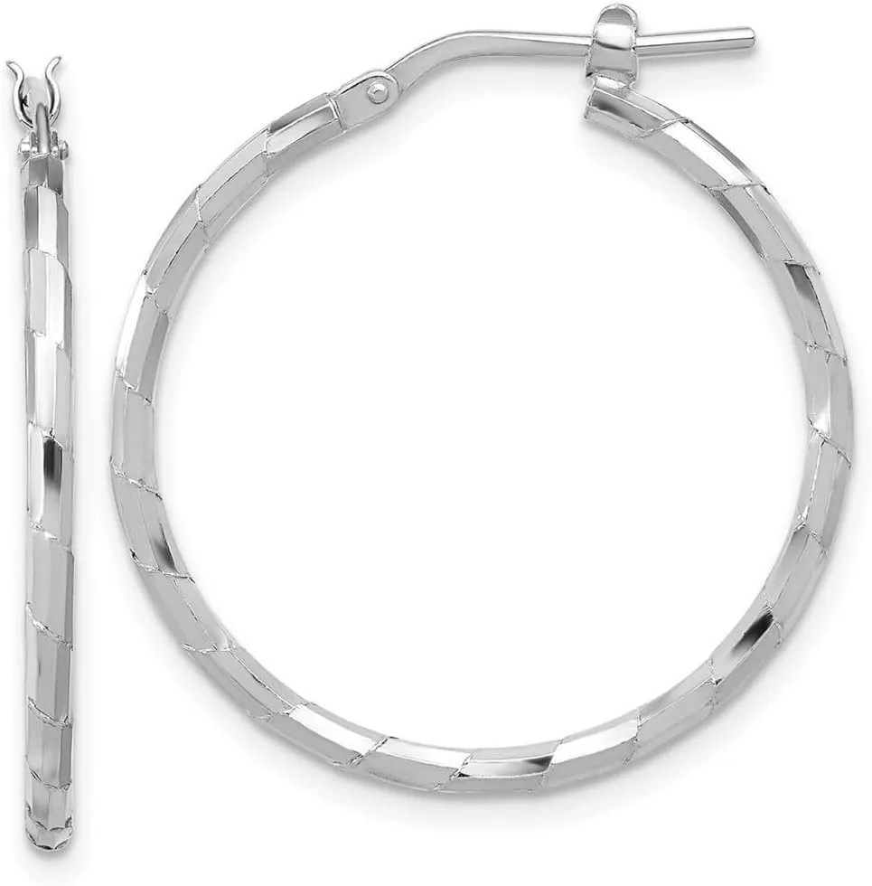 925 Sterling Silver Rhodium Plated Polished Textured 1.60mm Hoop Earrings 30x28.5mm Wide 1.6mm Thick-Hoop Earring for Women