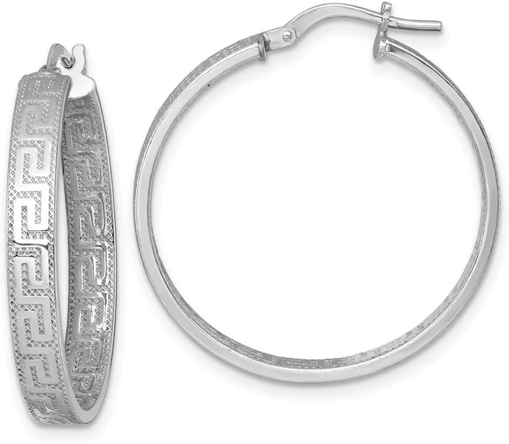 925 Sterling Silver Rhodium Plated Polished Textured Greek Key Hoop Earrings 31.15x28.8mm Wide 4mm Thick-Hoop Earring for Women