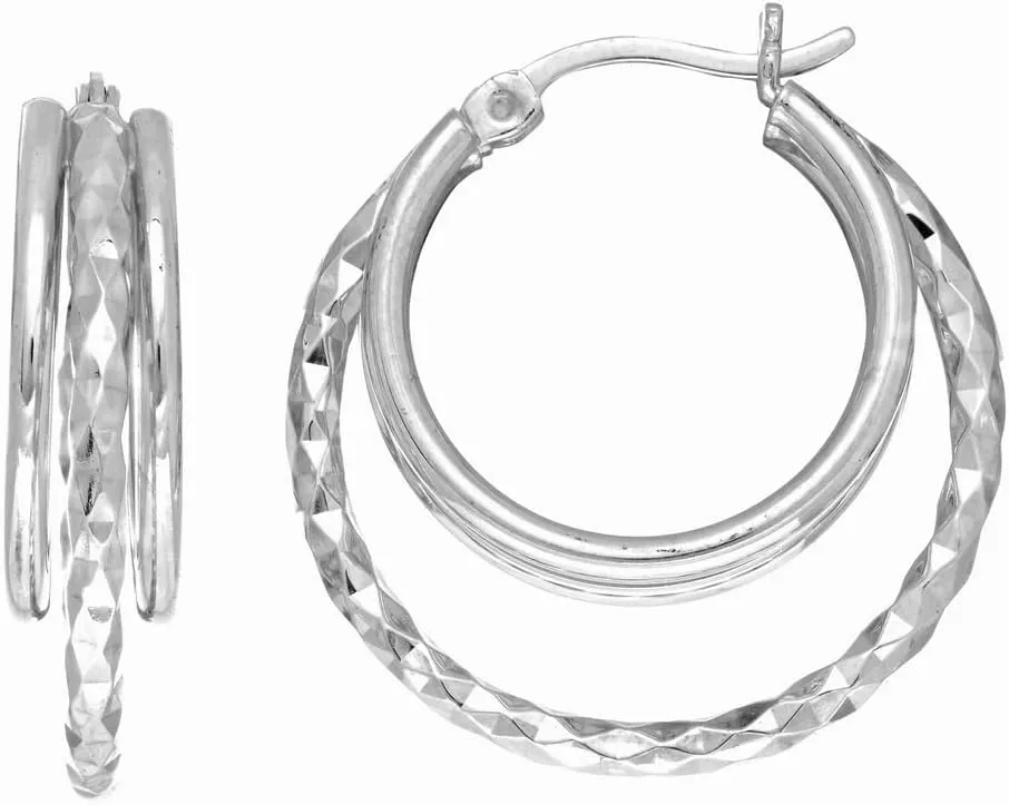 925 Sterling Silver With Rhodium Finish Sparkle Cut 2 Open Circle Hoop Earrings With Hinged Clasp-Hoop Earring for Women