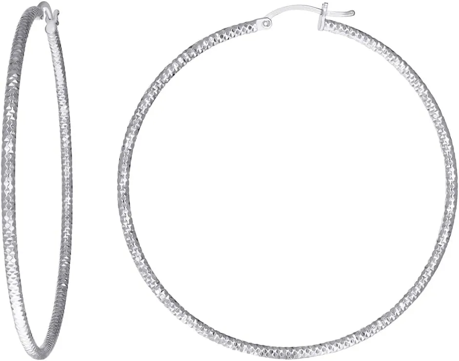 925 Sterling Silver Womens 2mm X 55mm Sparkle Cut Hoop Earrings-Hoop Earring for Women