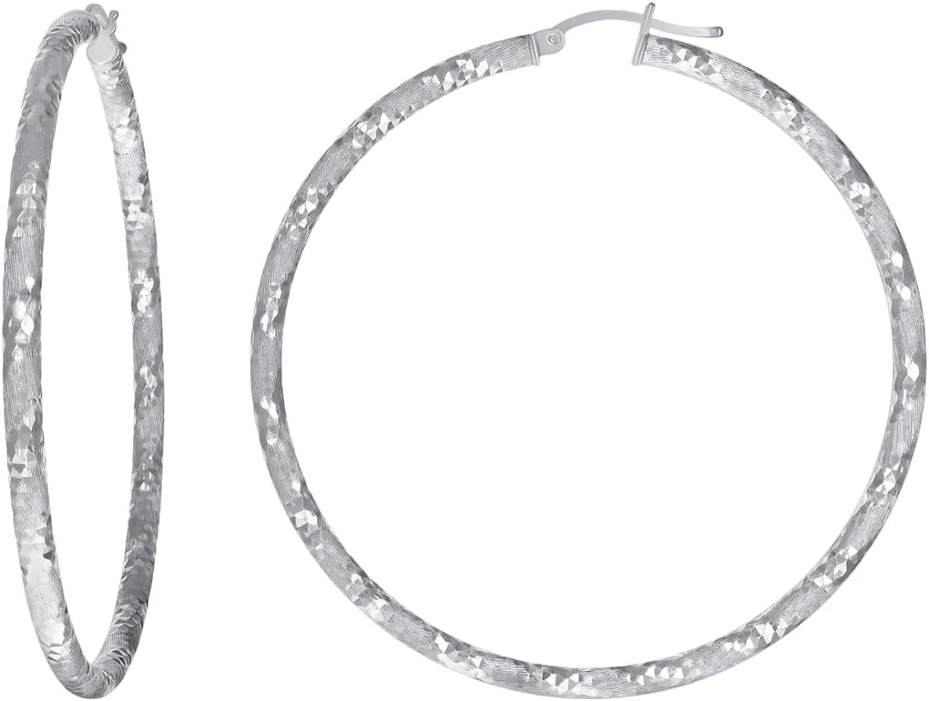 925 Sterling Silver Womens 3mm X 55mm Sparkle Cut Hoop Earrings-Hoop Earring for Women