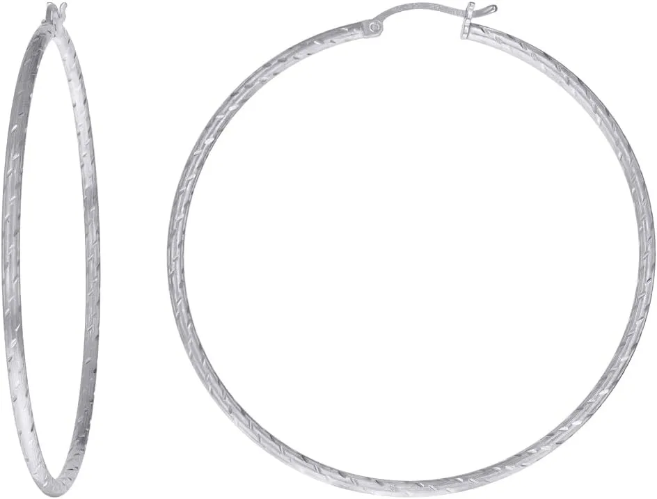 925 Sterling Silver Womens Sparkle Cut 2mm X 55mm Hoop Earrings-Hoop Earring for Women