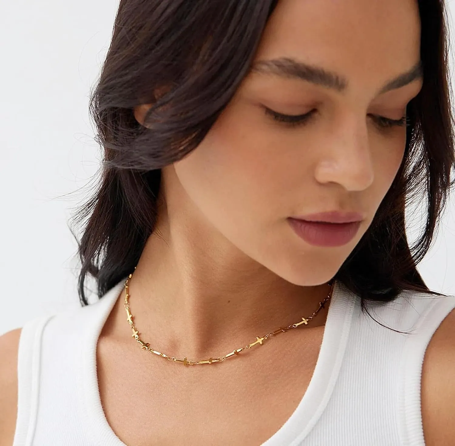 Aobei Pearl 18K Gold Paperclip Chain Choker Satellite Chain Biwa Pearl Pendant Necklace Dainty Jewelry for Women