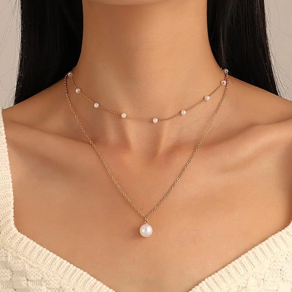 Aonklot Gold Layered Pearl Coker Necklaces Cute Pearl Chain Necklace Elegant Pearl Pendant Necklace Wedding Jewelry Gift