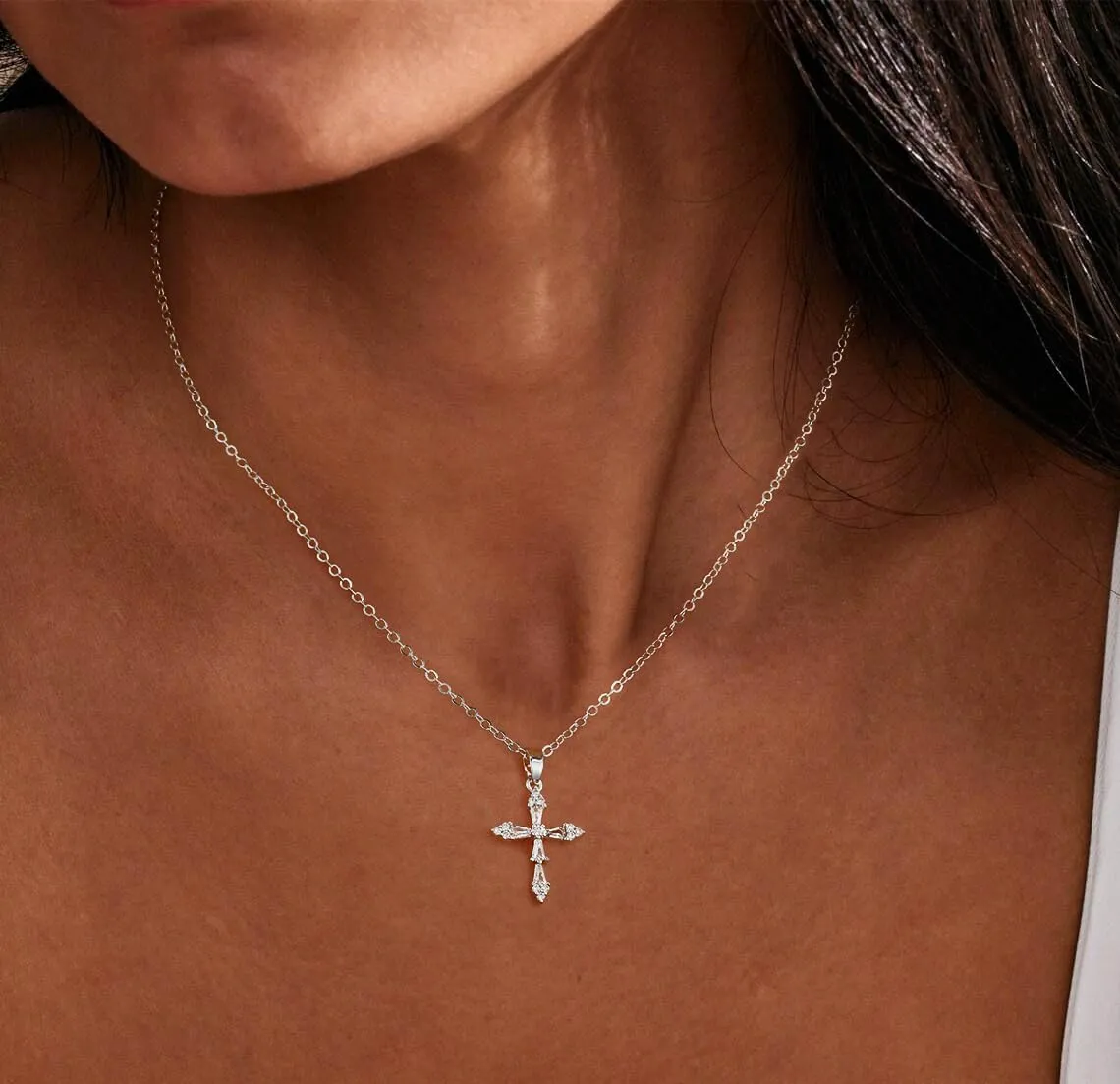 ASCOMY Cross Necklace for Women 14K Gold & Silver Plated Cross Necklace Trendy Cross Pendant Necklace Cubic Zirconia Cross Box Chain Pearl Beads Link Choker Minimalist Daily Jewelry Gift for Women