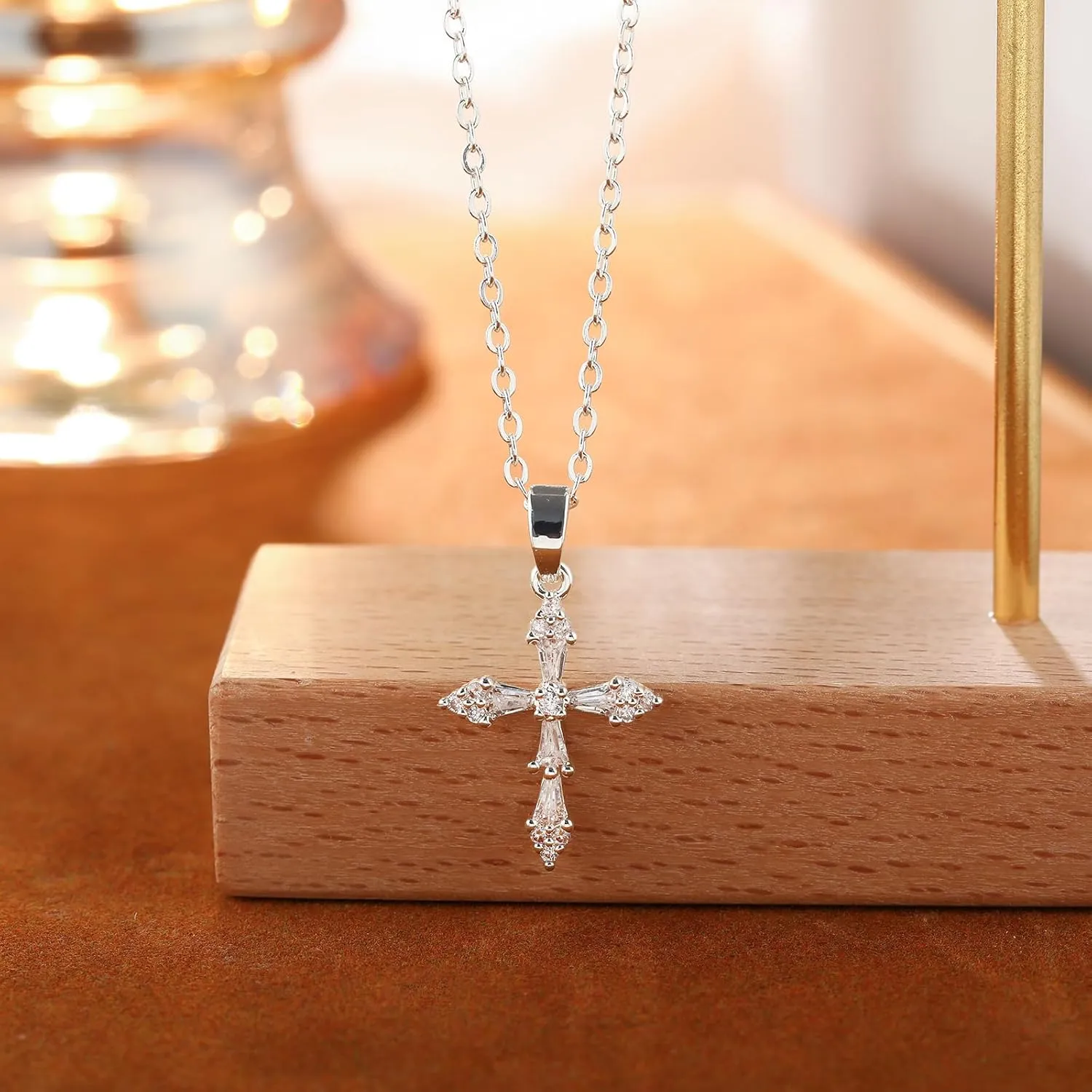 ASCOMY Cross Necklace for Women 14K Gold & Silver Plated Cross Necklace Trendy Cross Pendant Necklace Cubic Zirconia Cross Box Chain Pearl Beads Link Choker Minimalist Daily Jewelry Gift for Women