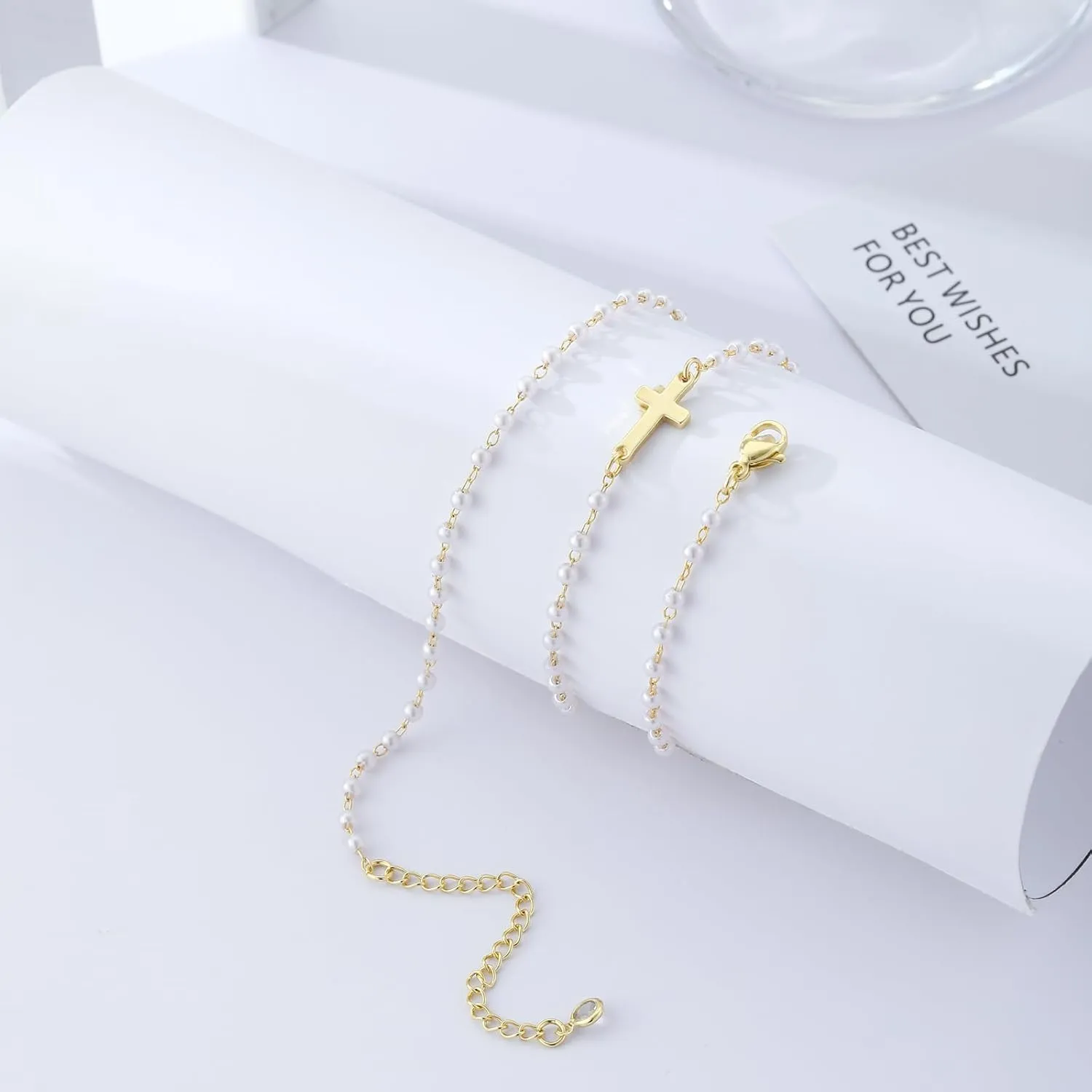 ASCOMY Cross Necklace for Women 14K Gold & Silver Plated Cross Necklace Trendy Cross Pendant Necklace Cubic Zirconia Cross Box Chain Pearl Beads Link Choker Minimalist Daily Jewelry Gift for Women
