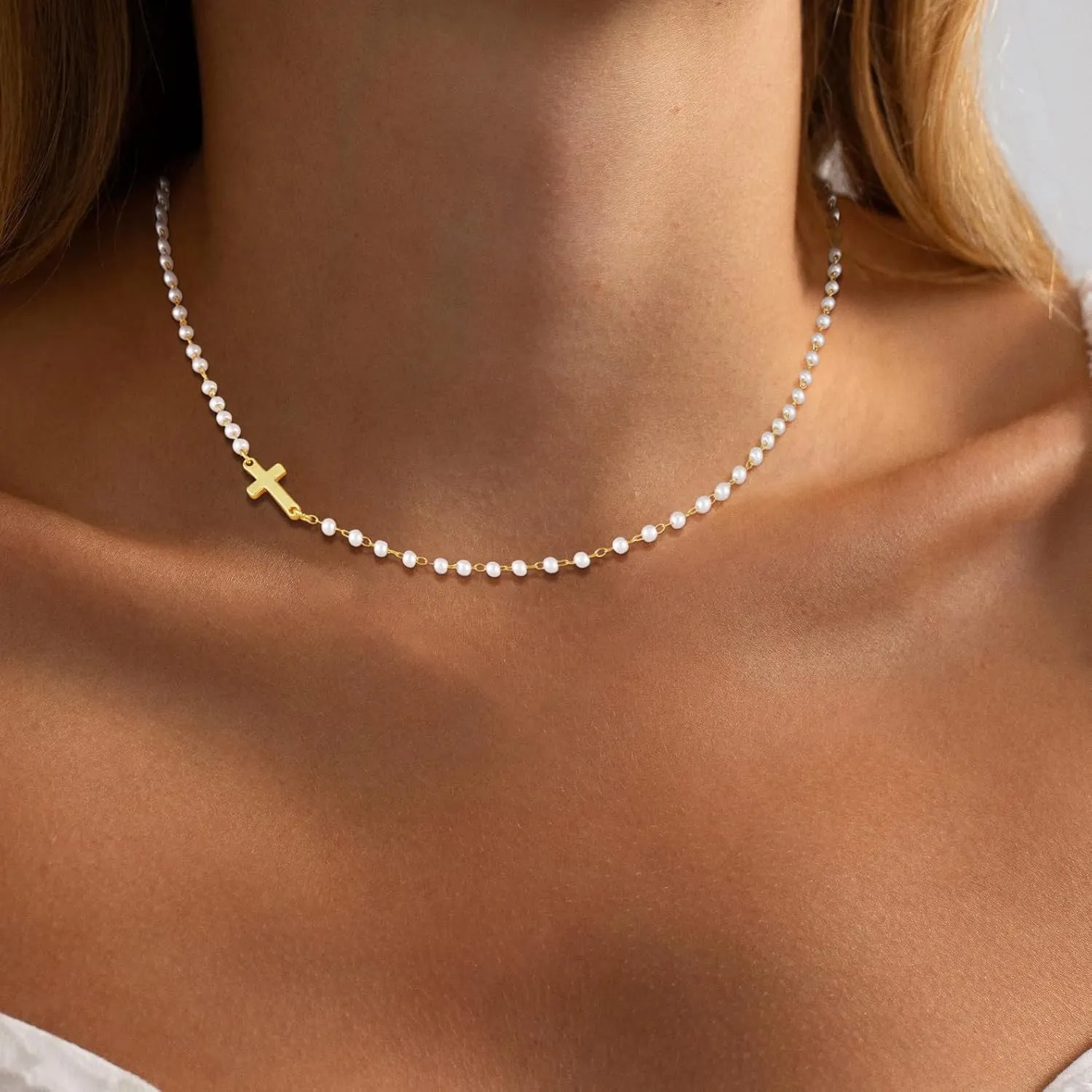 ASCOMY Cross Necklace for Women 14K Gold & Silver Plated Cross Necklace Trendy Cross Pendant Necklace Cubic Zirconia Cross Box Chain Pearl Beads Link Choker Minimalist Daily Jewelry Gift for Women