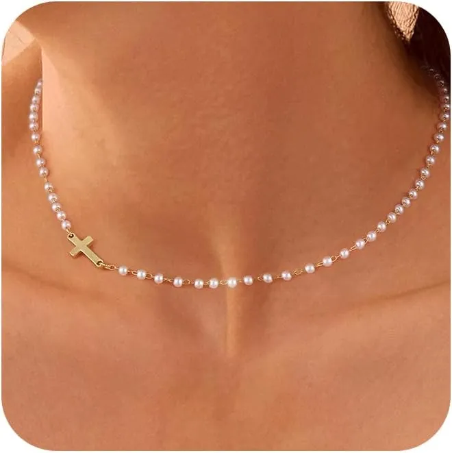 ASCOMY Cross Necklace for Women 14K Gold & Silver Plated Cross Necklace Trendy Cross Pendant Necklace Cubic Zirconia Cross Box Chain Pearl Beads Link Choker Minimalist Daily Jewelry Gift for Women