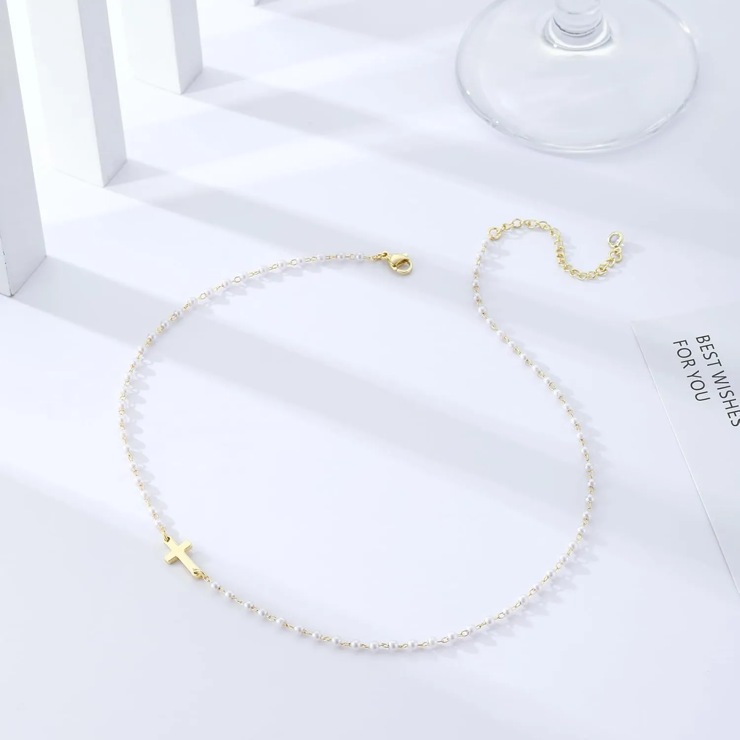 ASCOMY Cross Necklace for Women 14K Gold & Silver Plated Cross Necklace Trendy Cross Pendant Necklace Cubic Zirconia Cross Box Chain Pearl Beads Link Choker Minimalist Daily Jewelry Gift for Women