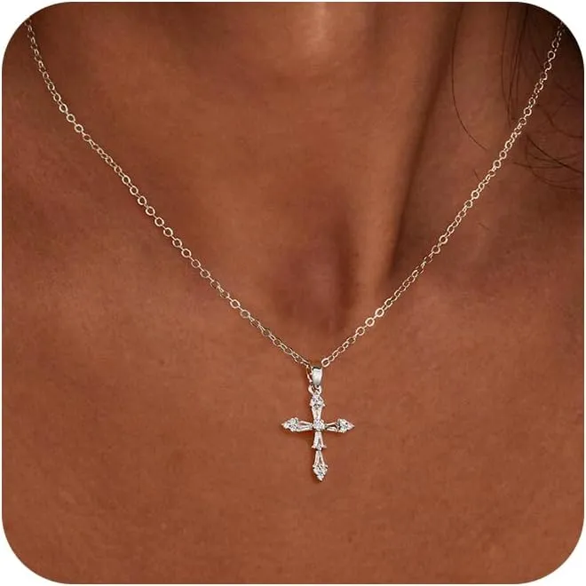 ASCOMY Cross Necklace for Women 14K Gold & Silver Plated Cross Necklace Trendy Cross Pendant Necklace Cubic Zirconia Cross Box Chain Pearl Beads Link Choker Minimalist Daily Jewelry Gift for Women