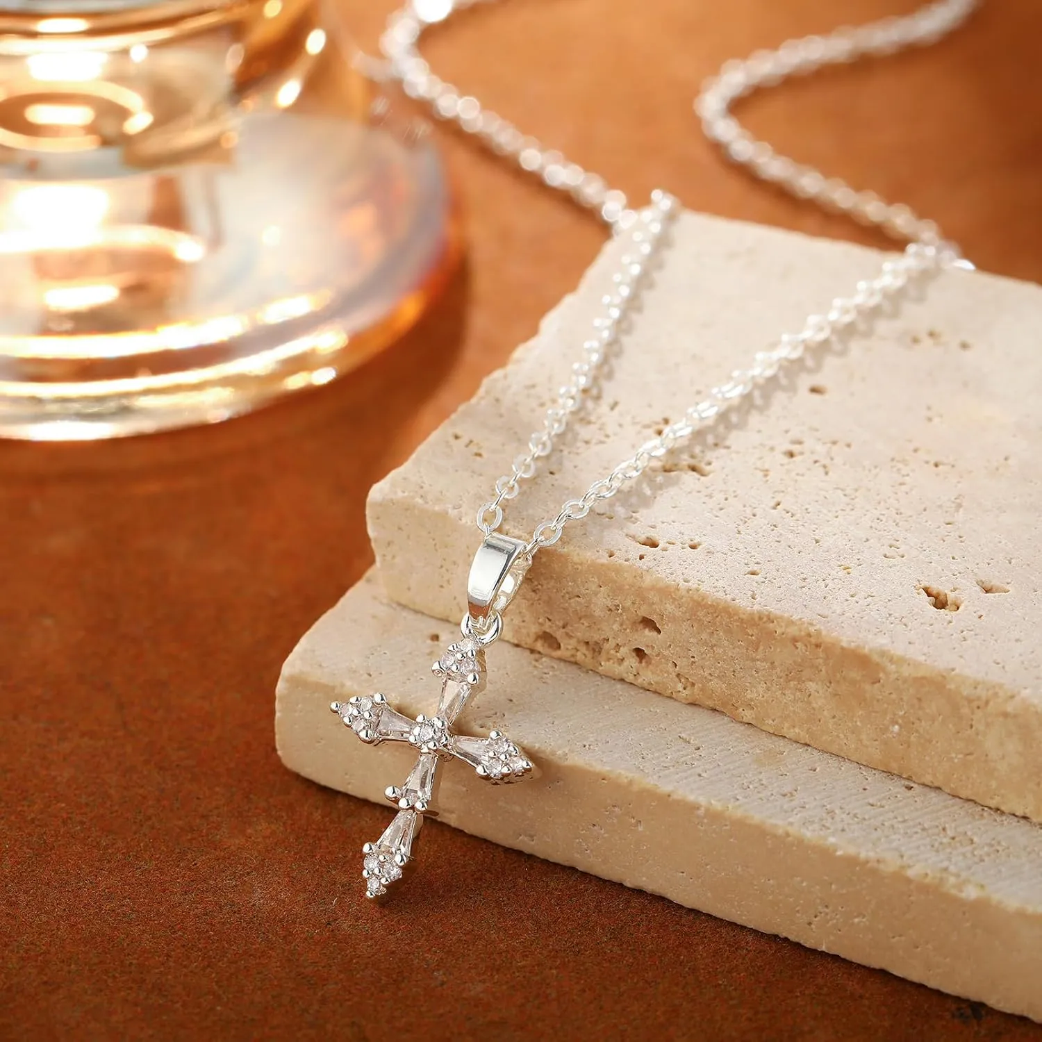 ASCOMY Cross Necklace for Women 14K Gold & Silver Plated Cross Necklace Trendy Cross Pendant Necklace Cubic Zirconia Cross Box Chain Pearl Beads Link Choker Minimalist Daily Jewelry Gift for Women