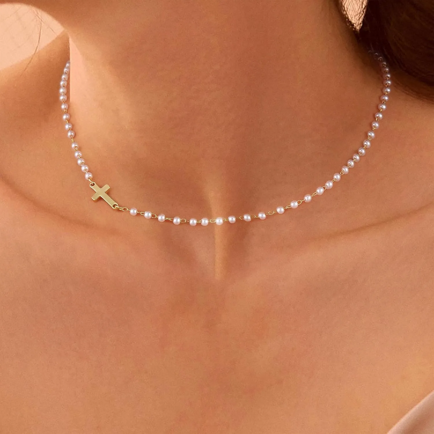 ASCOMY Cross Necklace for Women 14K Gold & Silver Plated Cross Necklace Trendy Cross Pendant Necklace Cubic Zirconia Cross Box Chain Pearl Beads Link Choker Minimalist Daily Jewelry Gift for Women