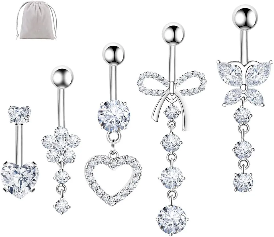 Belly Button Rings Barbell Navel Rings Butterfly Heart Dangling Dangle Belly Rings Belly Piercing Jewelry Body Piercing Barbells for Women 5 piece