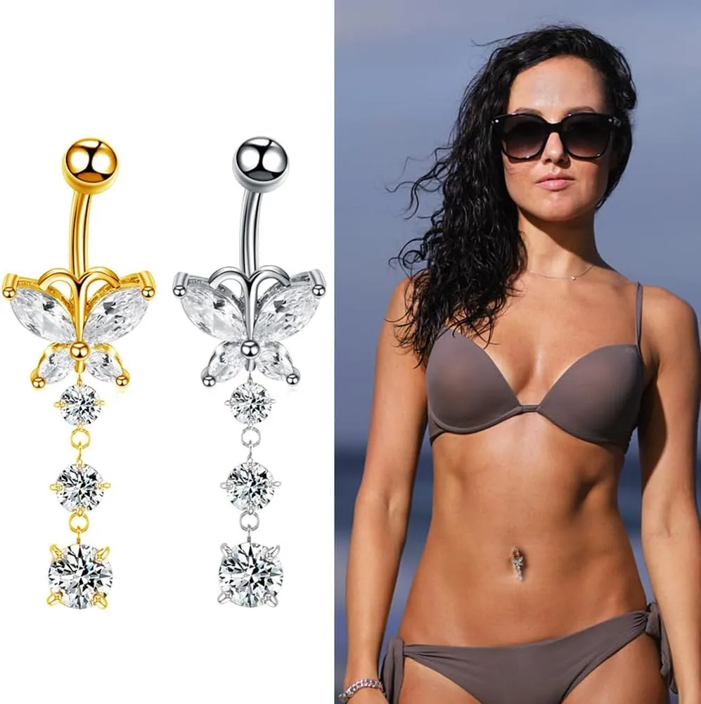 Belly Button Rings Barbell Tassel Navel Rings Butterfly Heart Dangling Dangle Belly Rings Belly Piercing Jewelry Body Piercing Barbells for Women 5Piece