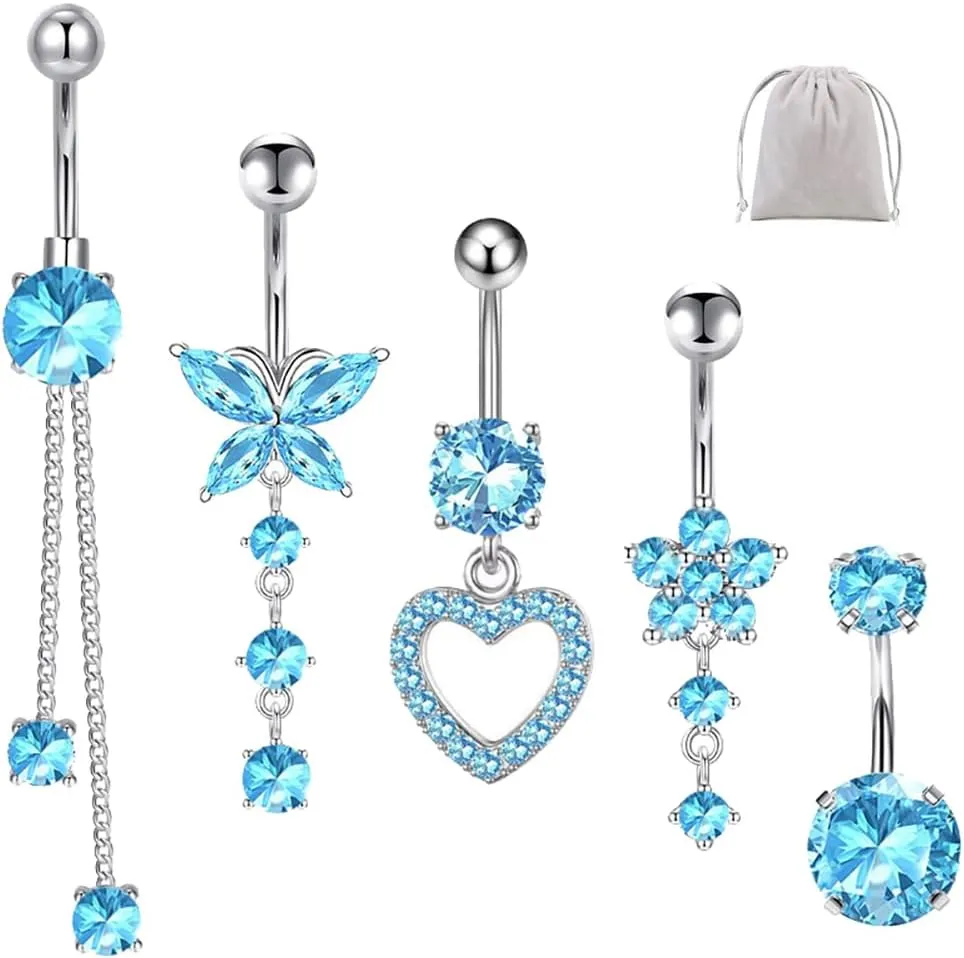 Belly Button Rings Barbell Tassel Navel Rings Butterfly Heart Dangling Dangle Belly Rings Belly Piercing Jewelry Body Piercing Barbells for Women 5Piece