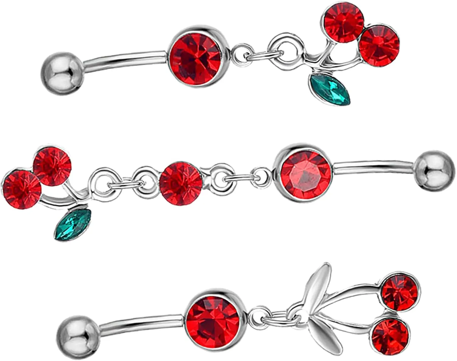 BESPORTBLE 3Pcs Cherry Belly Piercing Jewelry Navel Ring Rhinestone Belly Button Rings Body Jewelry for Women Creative Cherry Design for Daily Wear and Parties