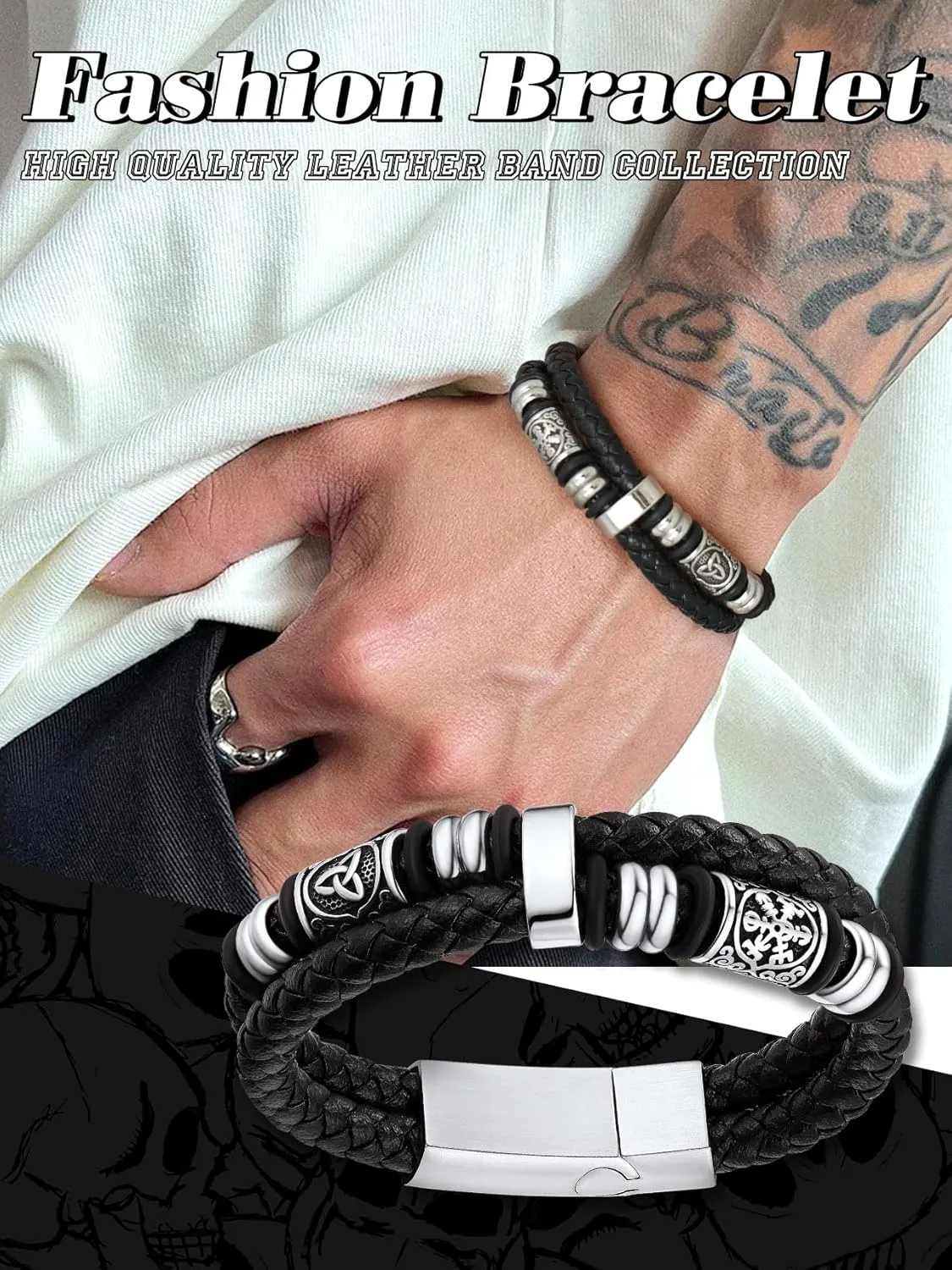 Bestyle Genuine Leather Braided Stainless Steel Bead Bracelets for Men, Fashion Mens Wrap Cuff Wirstband Bracelets with Closure, Size 7.5/8.3Inch
