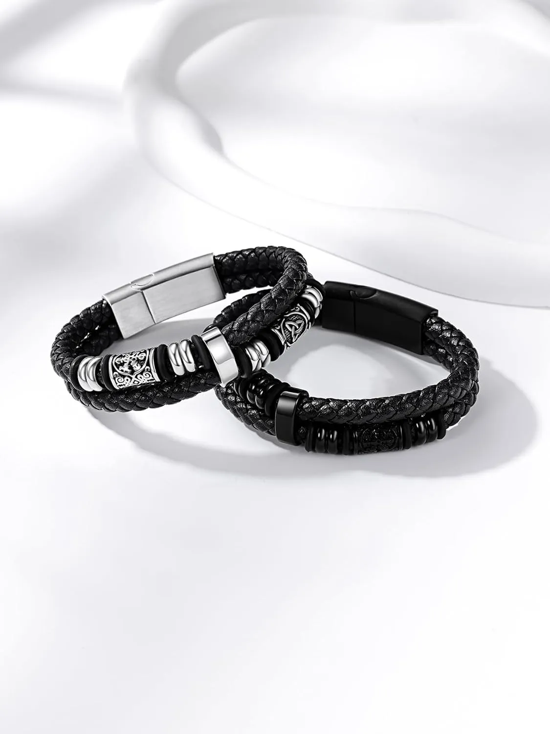 Bestyle Genuine Leather Braided Stainless Steel Bead Bracelets for Men, Fashion Mens Wrap Cuff Wirstband Bracelets with Closure, Size 7.5/8.3Inch