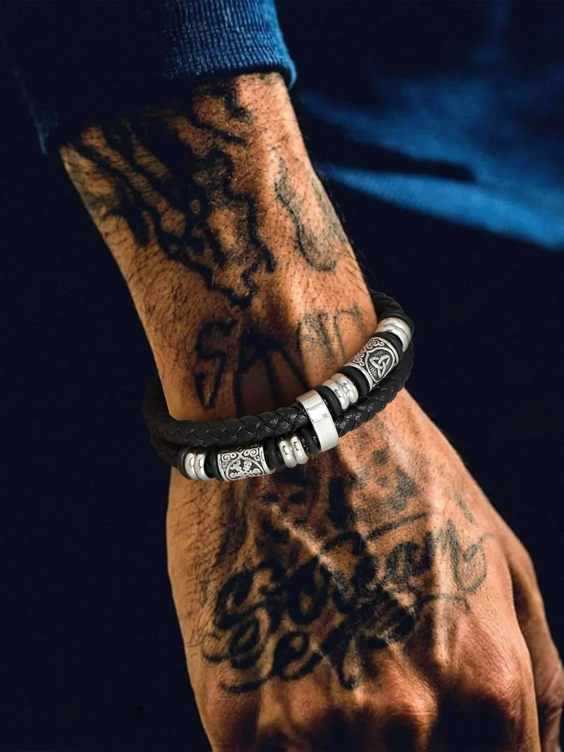 Bestyle Genuine Leather Braided Stainless Steel Bead Bracelets for Men, Fashion Mens Wrap Cuff Wirstband Bracelets with Closure, Size 7.5/8.3Inch