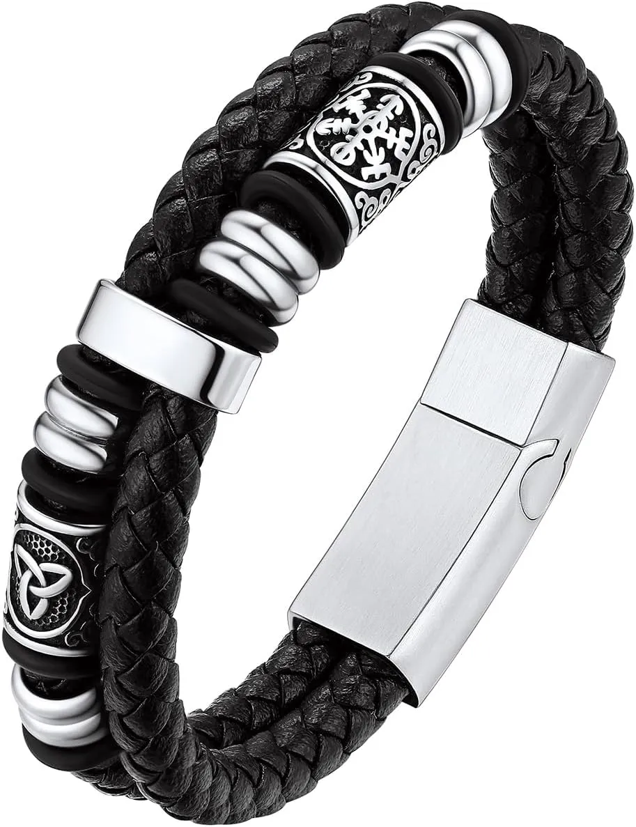 Bestyle Genuine Leather Braided Stainless Steel Bead Bracelets for Men, Fashion Mens Wrap Cuff Wirstband Bracelets with Closure, Size 7.5/8.3Inch