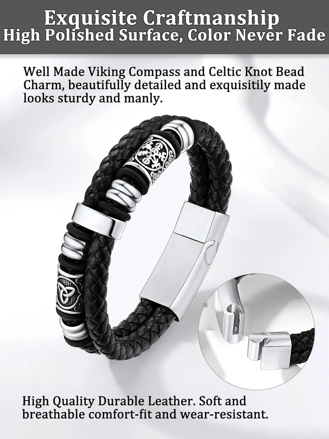 Bestyle Genuine Leather Braided Stainless Steel Bead Bracelets for Men, Fashion Mens Wrap Cuff Wirstband Bracelets with Closure, Size 7.5/8.3Inch