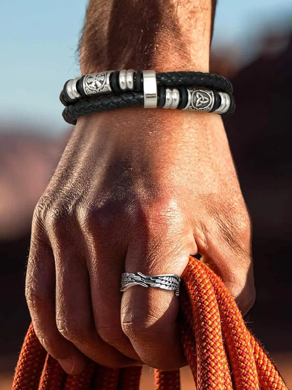 Bestyle Genuine Leather Braided Stainless Steel Bead Bracelets for Men, Fashion Mens Wrap Cuff Wirstband Bracelets with Closure, Size 7.5/8.3Inch