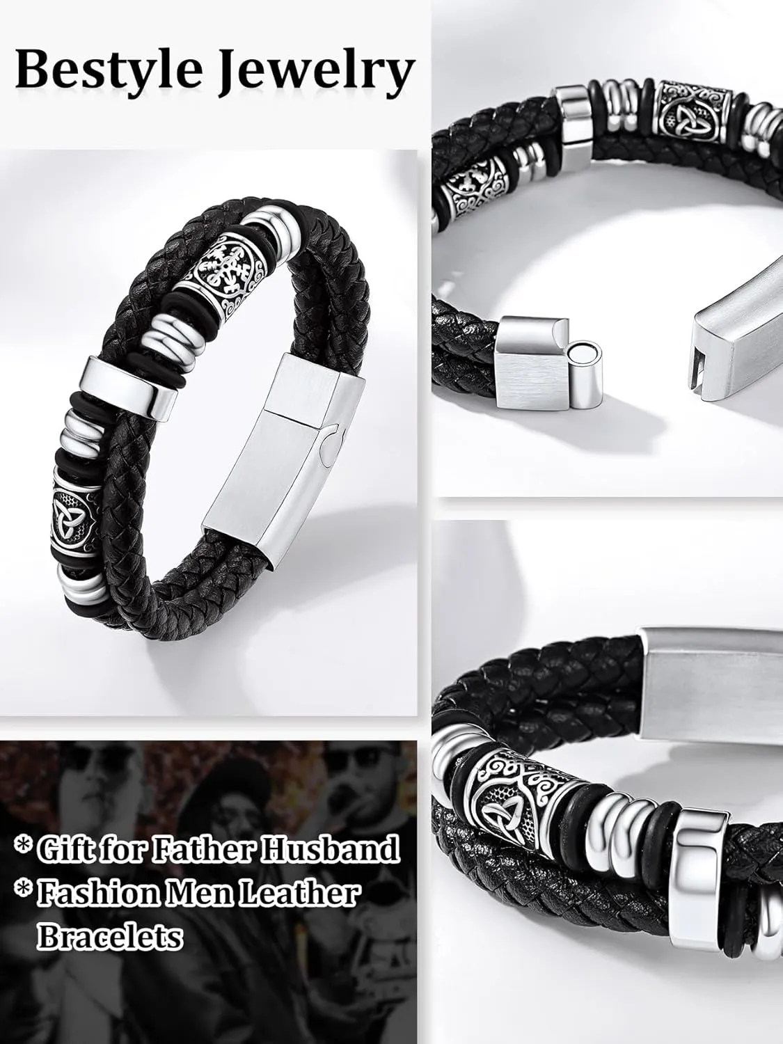 Bestyle Genuine Leather Braided Stainless Steel Bead Bracelets for Men, Fashion Mens Wrap Cuff Wirstband Bracelets with Closure, Size 7.5/8.3Inch