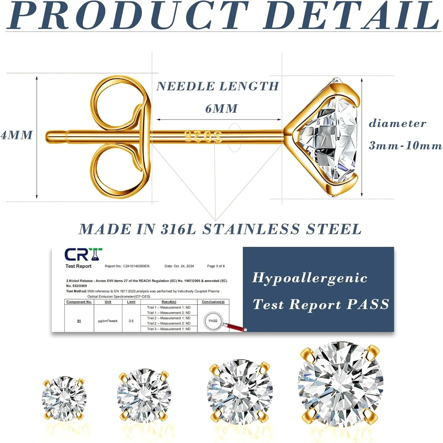BMMYE Stainless Steel Earrings for Women,Small Stud Earrings with Cubic Zirconia Earrings Studs Set Waterproof Sensitive Earrings Hypoallergenic Stainless Steel Stud Earring for Women