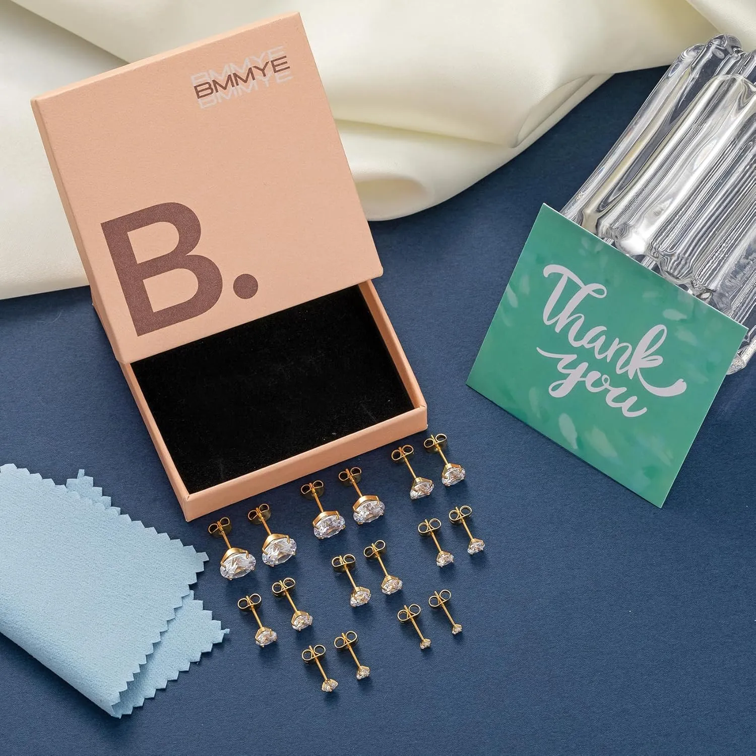 BMMYE Stainless Steel Earrings for Women,Small Stud Earrings with Cubic Zirconia Earrings Studs Set Waterproof Sensitive Earrings Hypoallergenic Stainless Steel Stud Earring for Women