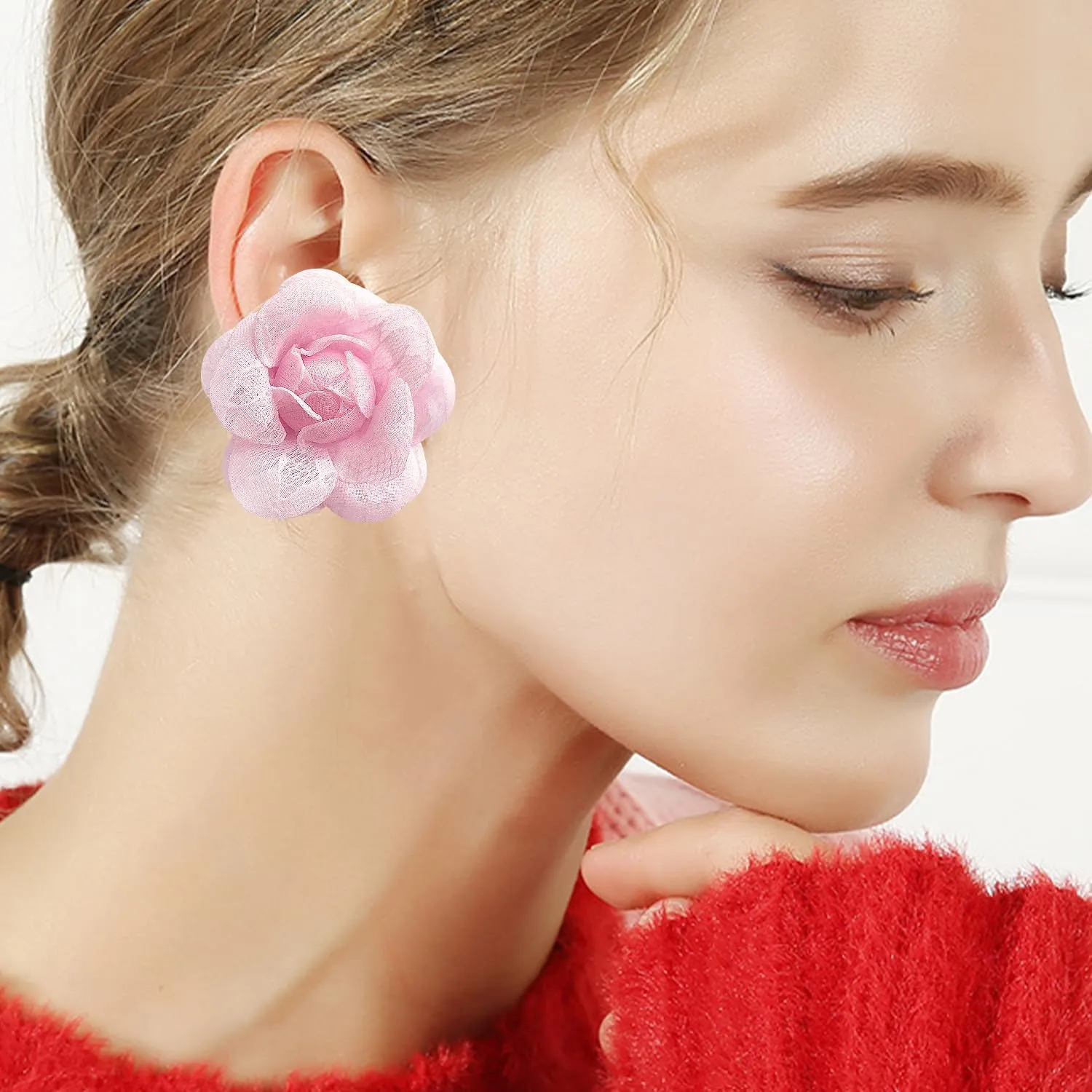 Bohemian Handmade Fabric Summer Stereoscopic Camellia Flower Stud Earrings Lightweight Petal Lace Floral Wedding Earrings For Women Jewelry Gift