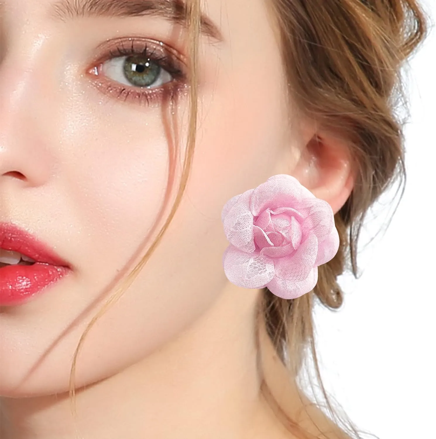 Bohemian Handmade Fabric Summer Stereoscopic Camellia Flower Stud Earrings Lightweight Petal Lace Floral Wedding Earrings For Women Jewelry Gift