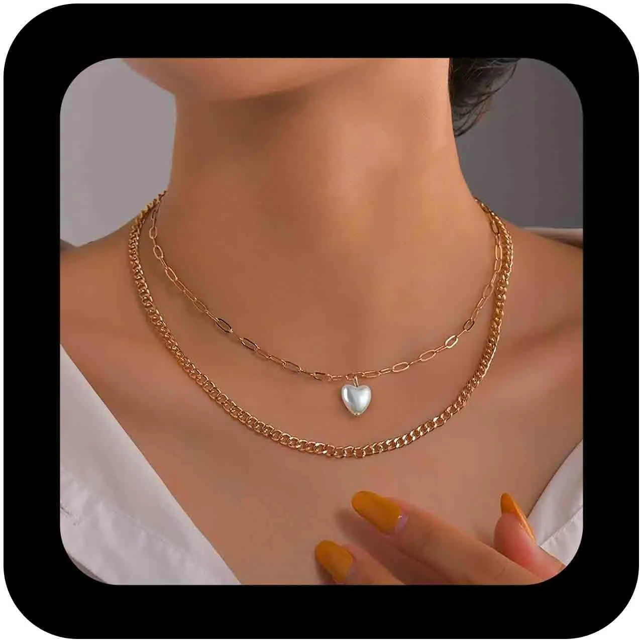 Bohemian Layered Heart Pearl Choker Necklace Gold Paperclip Link Chain Necklaces Puffy Heart Pearl Collar Necklace Thick Cuban Curb Chain Necklaces Jewelry for Women