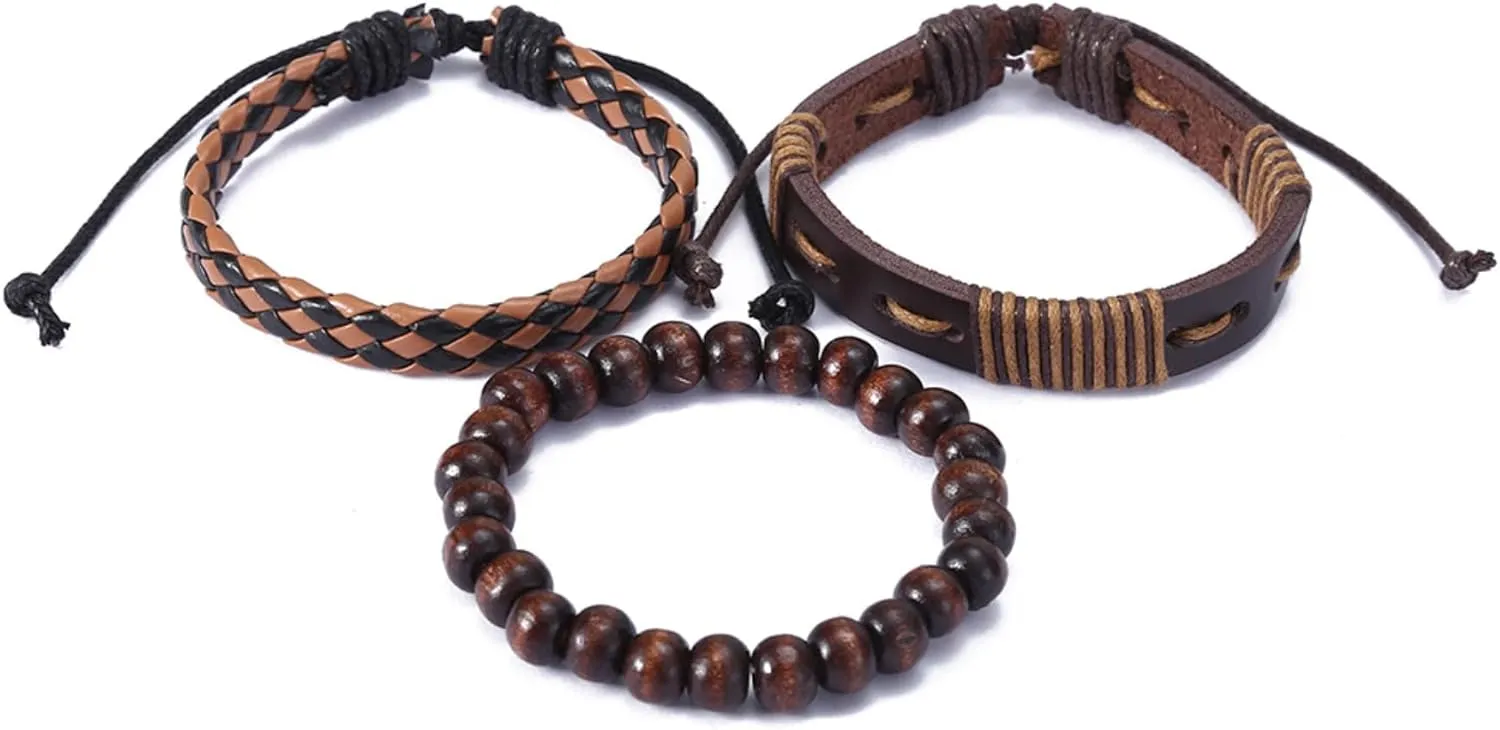 Bracelets for Men, Men's Retro Bracelet Set, Retro Braided Bracelet, Punk Style Leather Bracelet, Men's Leather Cord Bracelet 3-piece Set