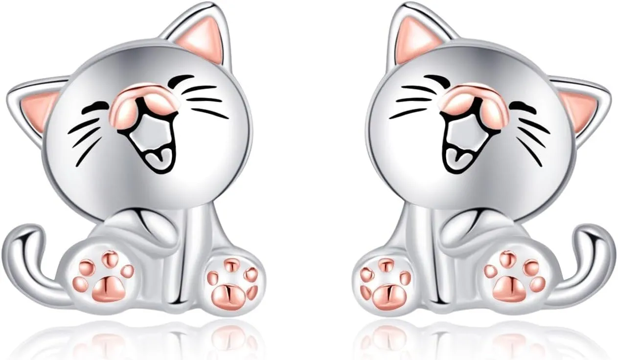 Cat Stud Earrings Sterling Silver Cute Cat Animal Jewelry Present for Women Mom
